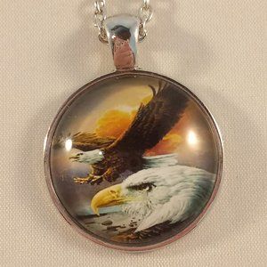 Mens Silver Bald Eagles Cabochon Pendant Necklace Party Gift